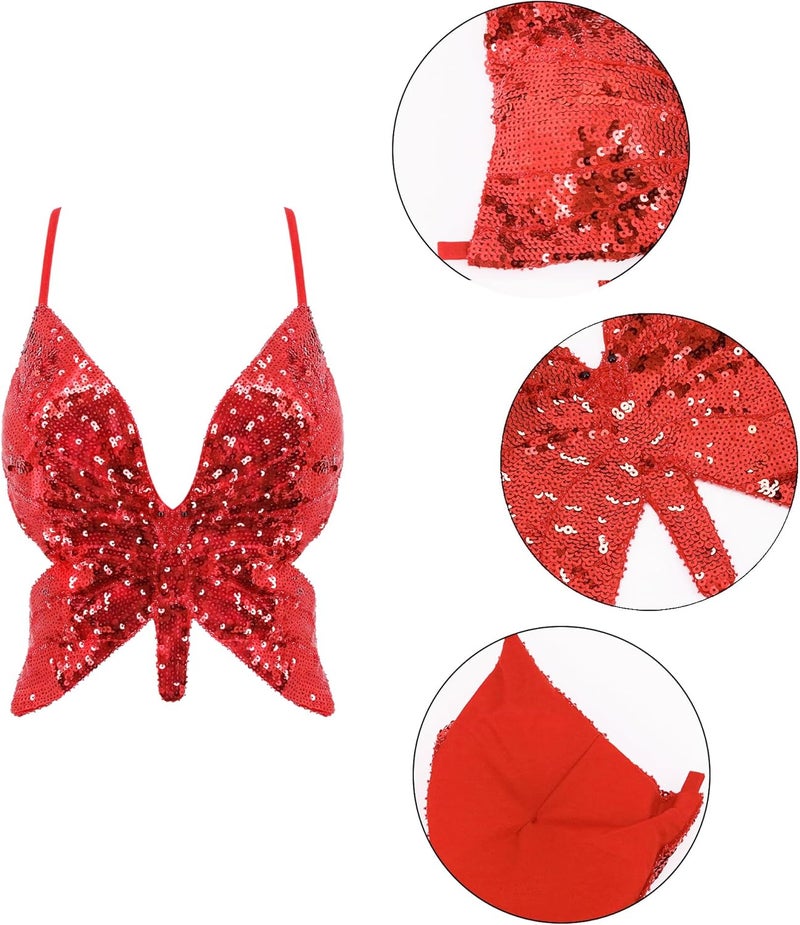 Mocure Womens Glitter Sequin Butterfly Crop Top Low-Cut Tank Top Rave Tube Vest Top for Belly Dance Costume Outfits - Image 5